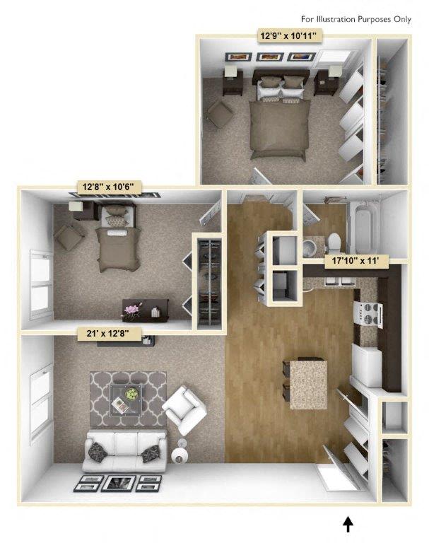 Floor plan for 2 beds, 1 bath, 1000 sqft